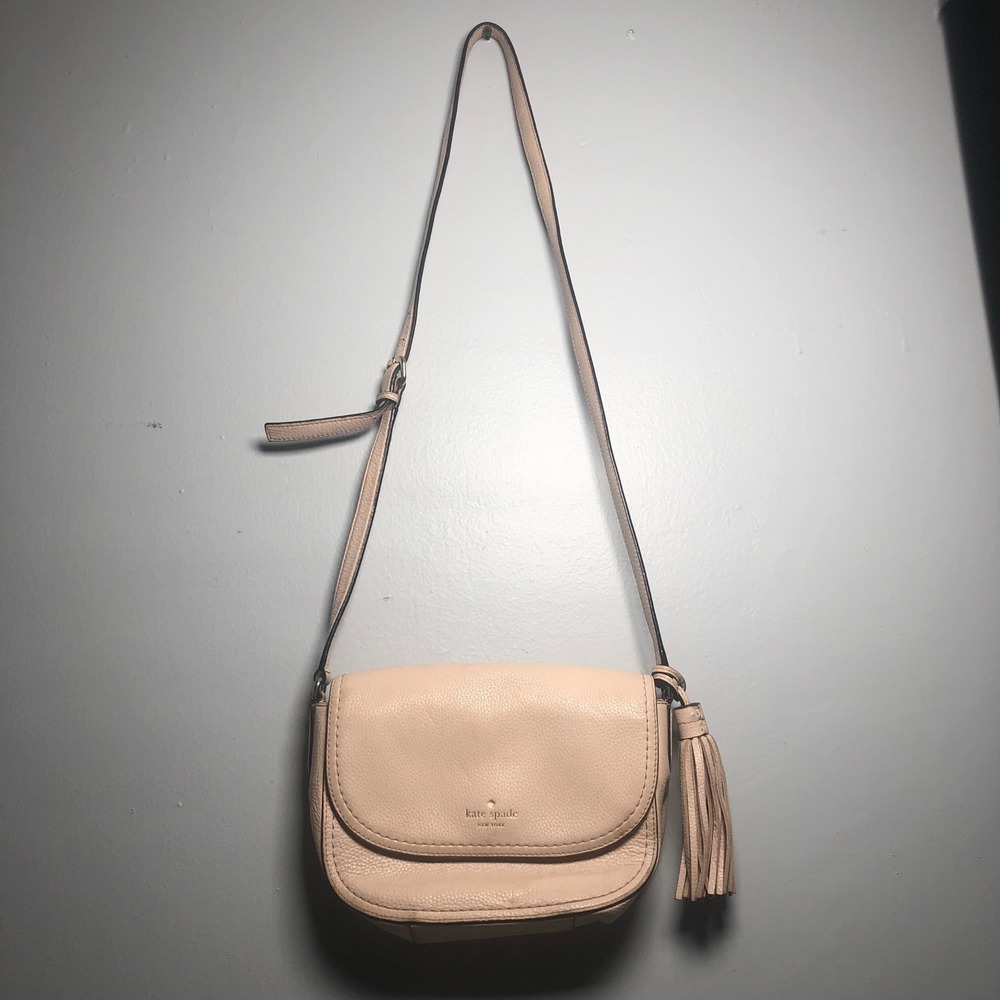 Kate Spade Crossbody Bag Womens Small Pink Pebbled Leather Tassel Flap Purse